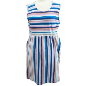 Land's End Women's Scoop Neck Multicolor Striped Dress Sleeveless Size L Stretch
